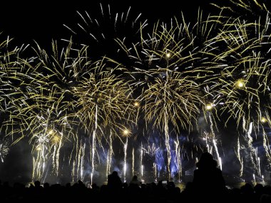 Kalabalık Variety renkli havai fişekleri izliyor. Gece arkaplanında sarı ve altın parıltılı selam..