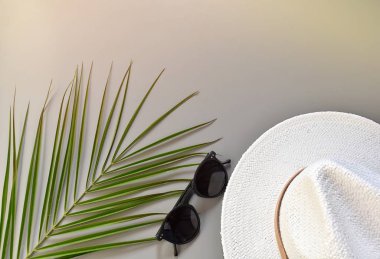 Tropik plaj arka planında yaz tatili, palmiye yaprağı, alt gözlükler, beyaz hasır şapka, üst manzara, düz yatış.