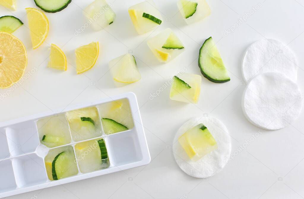 Fresh cucumber slices with ice close up shot