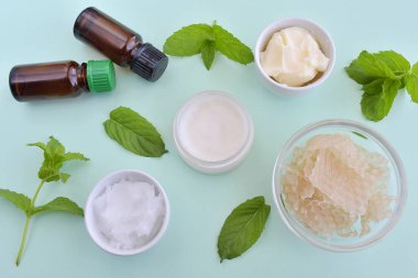 Ev yapımı kozmetik, doğal malzemeli dudak kremi, arı cilası, hindistan cevizi yağı, tereyağı ve gerekli yağlar, üst görünüm, tarif.