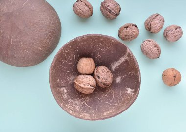 Beyaz arka planda hindistan cevizi kabuğu ve ceviz..