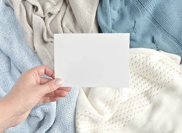 Blank White Paper Woman Hand Place Text Warm Pastel Sweaters — 스톡 사진