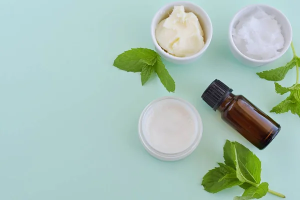 Natural homemade lip balm with shea butter, coconut oil and peppermint essential oil, top view on green background