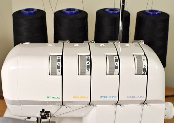 Serger, overlocker, thread spools, sewing concept.