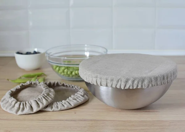 Zero waste kitchen, sustainable living, reusable linen fabric bowl covers