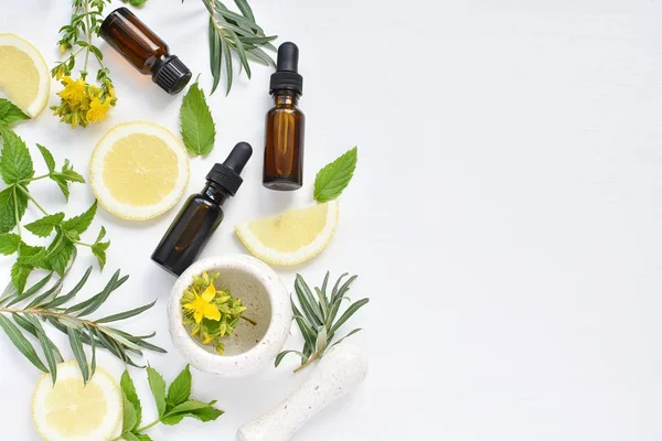 Alternative Medicine Concept Phytotherapy Natural Treatment Herbs Lemon Oils Mortar — 스톡 사진
