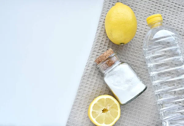 Konsep Eco Cleaning Dengan Garam Dan Lemon Close Shot — Stok Foto