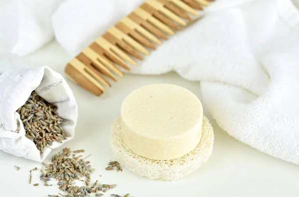 Handmade solid shampoo bar with lavender on luffa, zero waste product, natural hair care