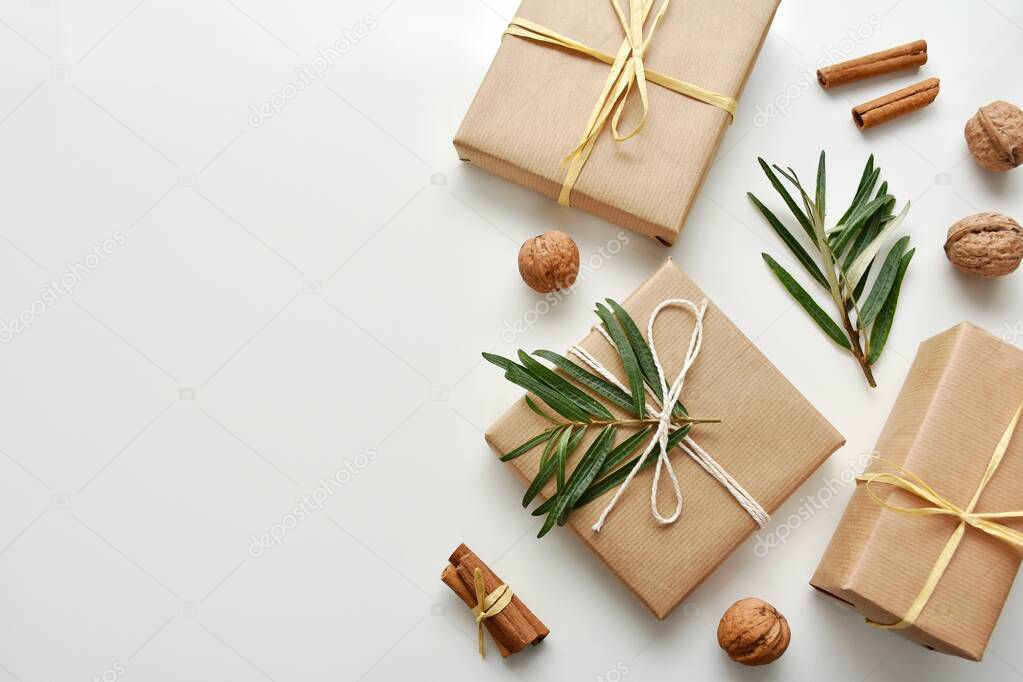 Creative, eco friendly Christmas gift wrapping with natural decorations.