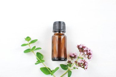 Kahverengi şişede kekik yağı, beyaz arka planda bir demet taze kekik otu, üst manzara, düz uzanma.