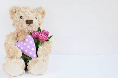 Beyaz arka planda oturan sevimli yumuşak oyuncak ayı ve mor kalp ve yonca çiçeği, metin için yer.