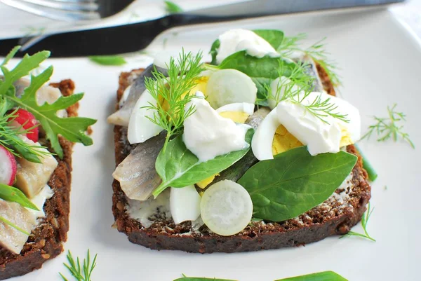 传统丹麦黑面包开放三明治 用鲱鱼 煮熟的鸡蛋和香草制成的烤肉 — 图库照片