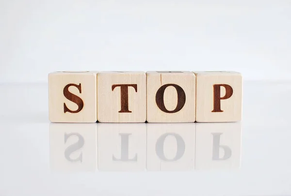 Word Stop Wooden Blocks White Background Reflection — Stock Photo, Image
