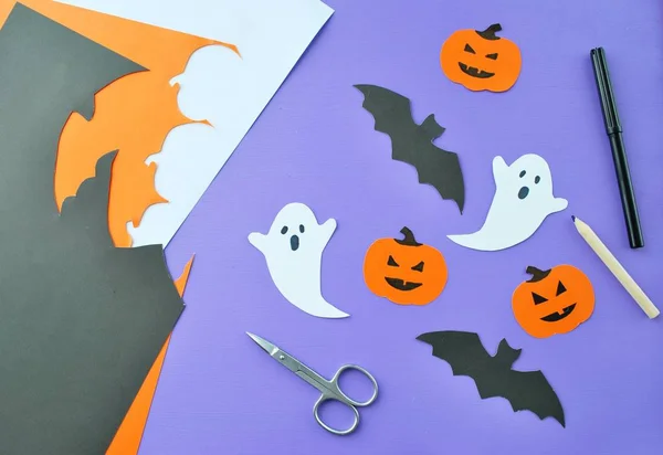 Decoración Papel Hecha Mano Para Halloween Calabaza Fantasma Murciélago Herramientas —  Fotos de Stock