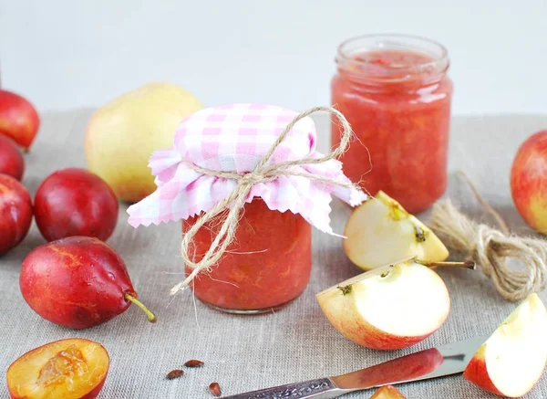 Home Made Plum Apple Jam Reusable Mini Jars Decorated Pink — Stock Photo, Image