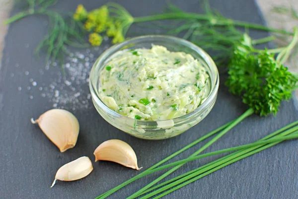 Appetizer Garlic Butter Herbs Dill Parsley Green Onion Top View — 스톡 사진