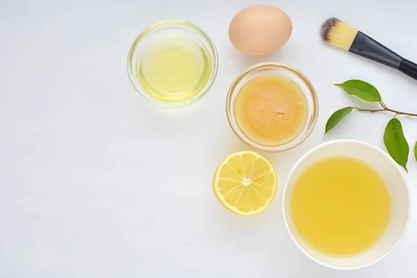 Homemade Facial Fask Acne Skin Natural Ingredients Honey Egg White — Stock Photo, Image