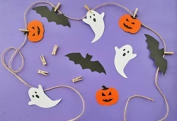 Making Paper Garland Ghost Bat Pumpkin Halloween Party Easy Crafts — 스톡 사진