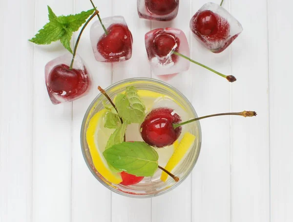 Homemade Cold Summer Drink Straw Iced Drink Frozen Cherries Mint — Stock Photo, Image