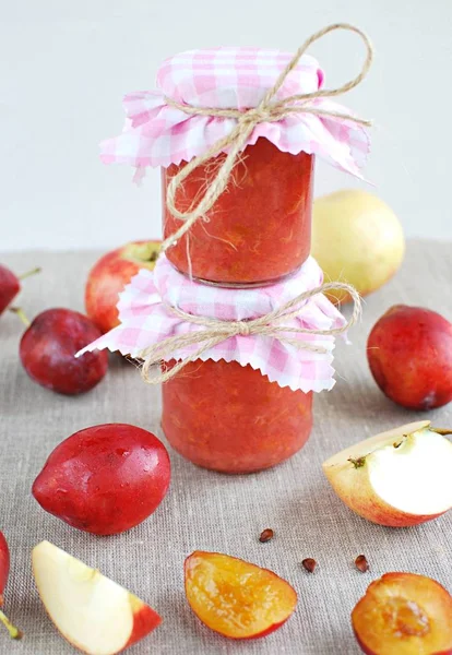 Home Made Plum Apple Jam Reusable Mini Jars Decorated Pink — Stock Photo, Image