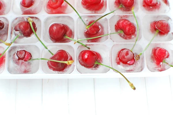 Closeup View Ice Cubes Tray Ripe Wild Cherries Homemade Frozen — Stock Photo, Image