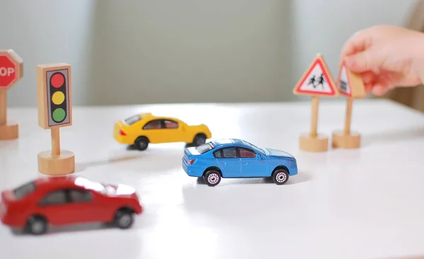 Toy Cars Road Signs Child Hand Boy Playing Cars — Stock Photo, Image