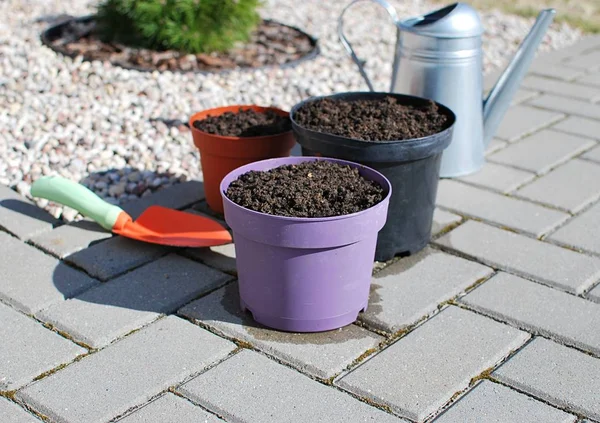 Flower pots with soil are ready for planting or sowing. Pots and gardening tools in the garden on sunny spring day