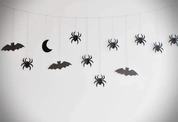 Decoraciones Para Fiesta Halloween Guirnalda Papel Negro Con Luna Arañas —  Fotos de Stock