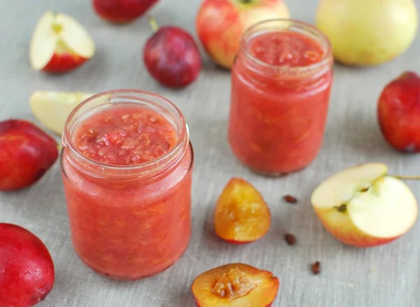 Home Made Apple Plum Jam Jar Linen Tablecloth Aplles Plums — Stock Photo, Image