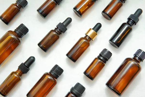 Modèle Fabriqué Avec Différents Flacons Huiles Essentielles Cosmétiques Marron Aromathérapie — Photo