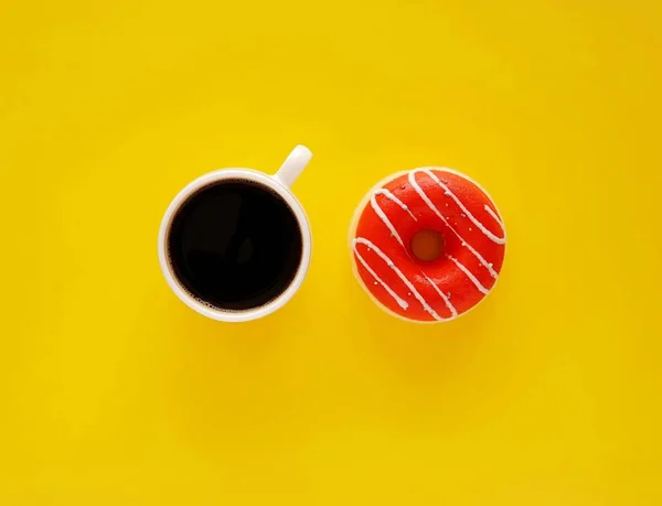 Good Morning Concept Black Coffee Cup Red Donut Bright Yellow — Stock Photo, Image