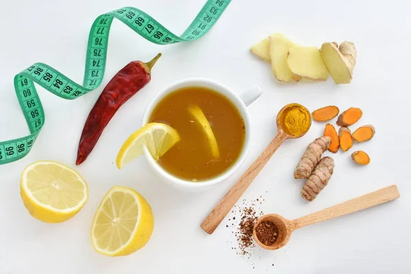 Cup Detox Weight Loss Tea Turmeric Chili Peppers Lemon Ginger — Stock Photo, Image
