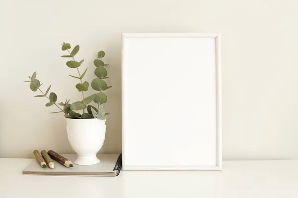 Minimal Natural Interior White Empty Frame Mock Eucalyptus Branches Wooden — Stock Photo, Image