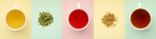 Bannière Avec Tisane Tasses Herbes Sur Fond Coloré — Photo