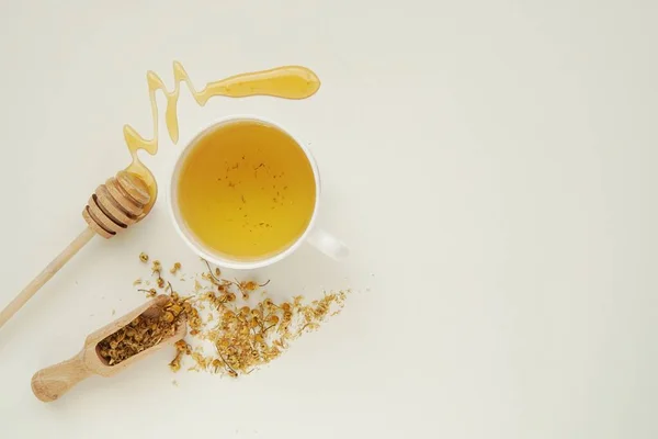 Cup Healthy Chamomile Tea Honey Top View Copy Space — Stock Photo, Image