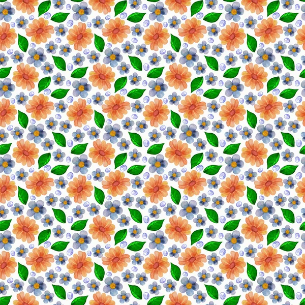 Summer bright seamless pattern for fabric, paper, with yellow and blue flowers, green leaves and raindrops. Elements are painted by watercolor by hand, decorative pattern,summer watercolor background