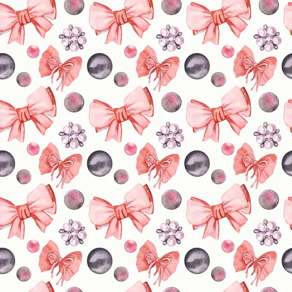 Very delicate and girlish seamless pattern with pink bows,pearls of different colors and silver brooches with pearls.Pattern for fabric, accessories, paper, elements are painted by watercolor by hand