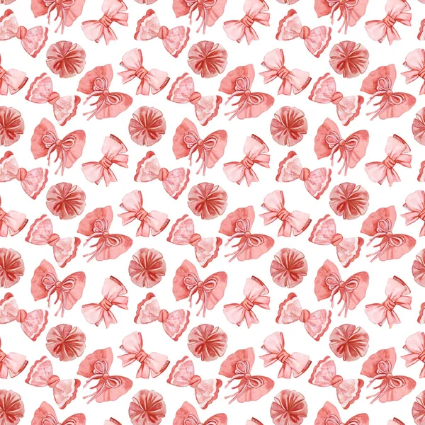 Beautiful girlish seamless pattern with small pink vintage bows of different shapes and a knot. Tight pattern, romantic watercolor background. Elements are painted in watercolor, for decoration, print