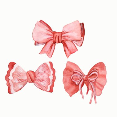 Set of beautiful vintage bows with lace, beads, ropes in delicate pink colors. For decorating gifts, cards, patterns, festive and wedding design. Elements are painted by hand in watercolor.