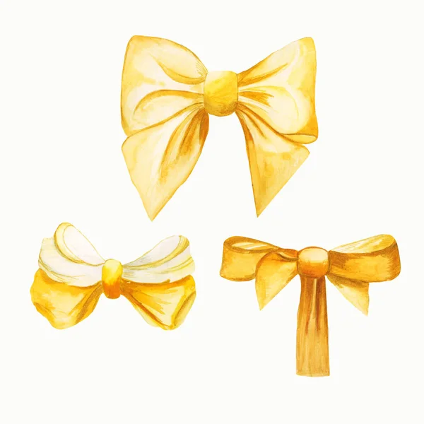 Set Bright Golden Bows Various Shapes Sizes Satin Ribbons Fabric — Stock Photo, Image