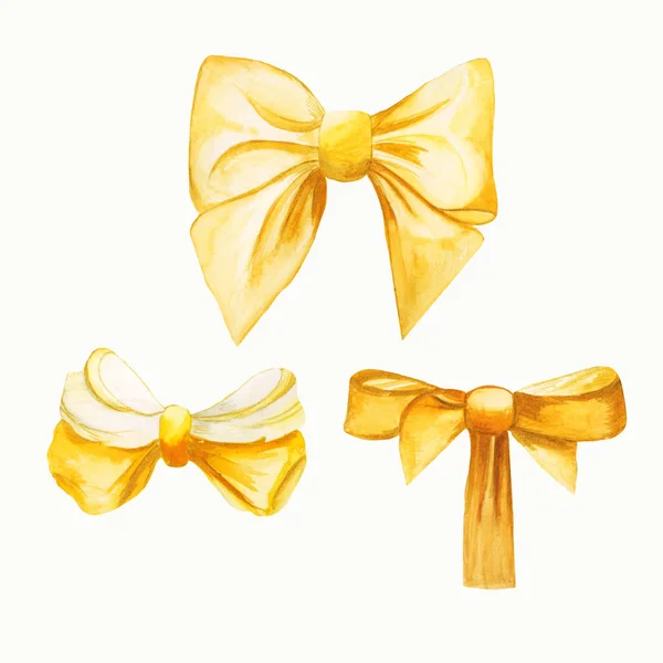 Set of 3 bright golden bows of various shapes and sizes from satin ribbons and fabric. For the decor of holiday cards, jewelry, gifts. Elements are painted by watercolor by hand, design elements.