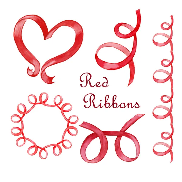 A set of graceful red ribbons in the shape of a heart, with curls of various shapes, a fringing and a round frame of ribbons. All elements are watercolor painted by hand, for the design of postcards, 