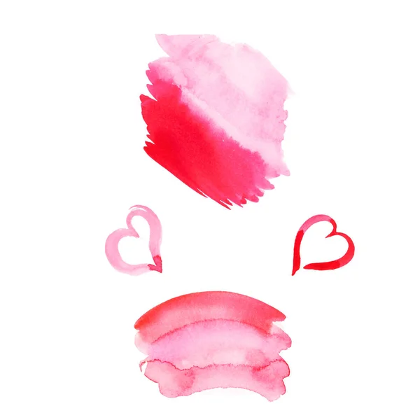 Set of watercolor spots of pink shades with drips of paint, smooth gradients, isolated on white, brush template for decorating inscriptions, patterns, any creative ideas. Painted in watercolor by hand