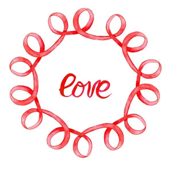 Graceful romantic round frame of red curls ribbons and the inscription LOVE. Cute decor for St. Valentine's Day, weddings and congratulations, design of printed materials, books. Hand-drawn watercolor