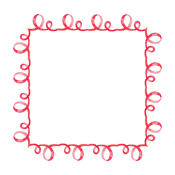 Romantic elegant square frame of red ribbons with curls with a place for inscription.For the design of cards, wedding invitations, romantic decor. Hand-drawn watercolor,design element for books,flyer