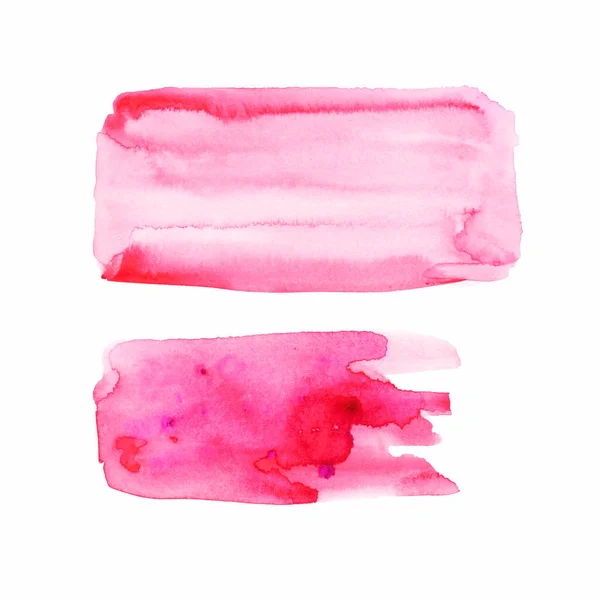 Set of watercolor spots of pink shades with drips of paint, smooth gradients, isolated on white, brush template for decorating inscriptions, patterns, any creative ideas. Painted in watercolor by hand