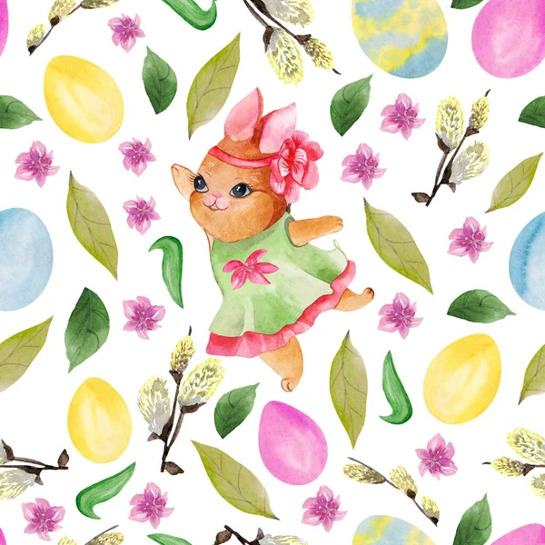 Spring seamless pattern with colored eggs,rabbit, green leaves and pussy-willow twigs  for Easter.Elements are drawn by watercolor in hand,texture for Easter decoration of fabric, paper, print.