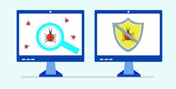Computer Virus Search Virus Protection Shield Flat Vector Designs — 스톡 벡터