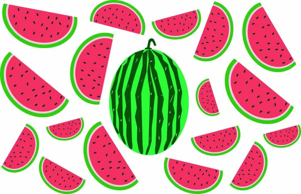 Flachvektordesign Von Wassermelone Und Scheiben Wassermelonenscheiben Vektor — Stockvektor