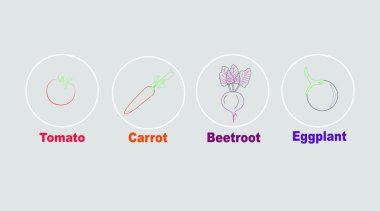 Düz vektör simgeleri ve sebze çizimleri domates, havuç, pancar, patlıcan veya brinjal içerir 